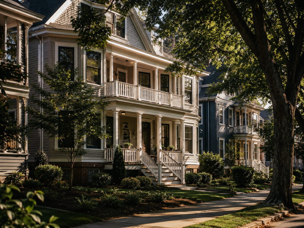 Tree-lined street with Victorian homes in Greater Boston